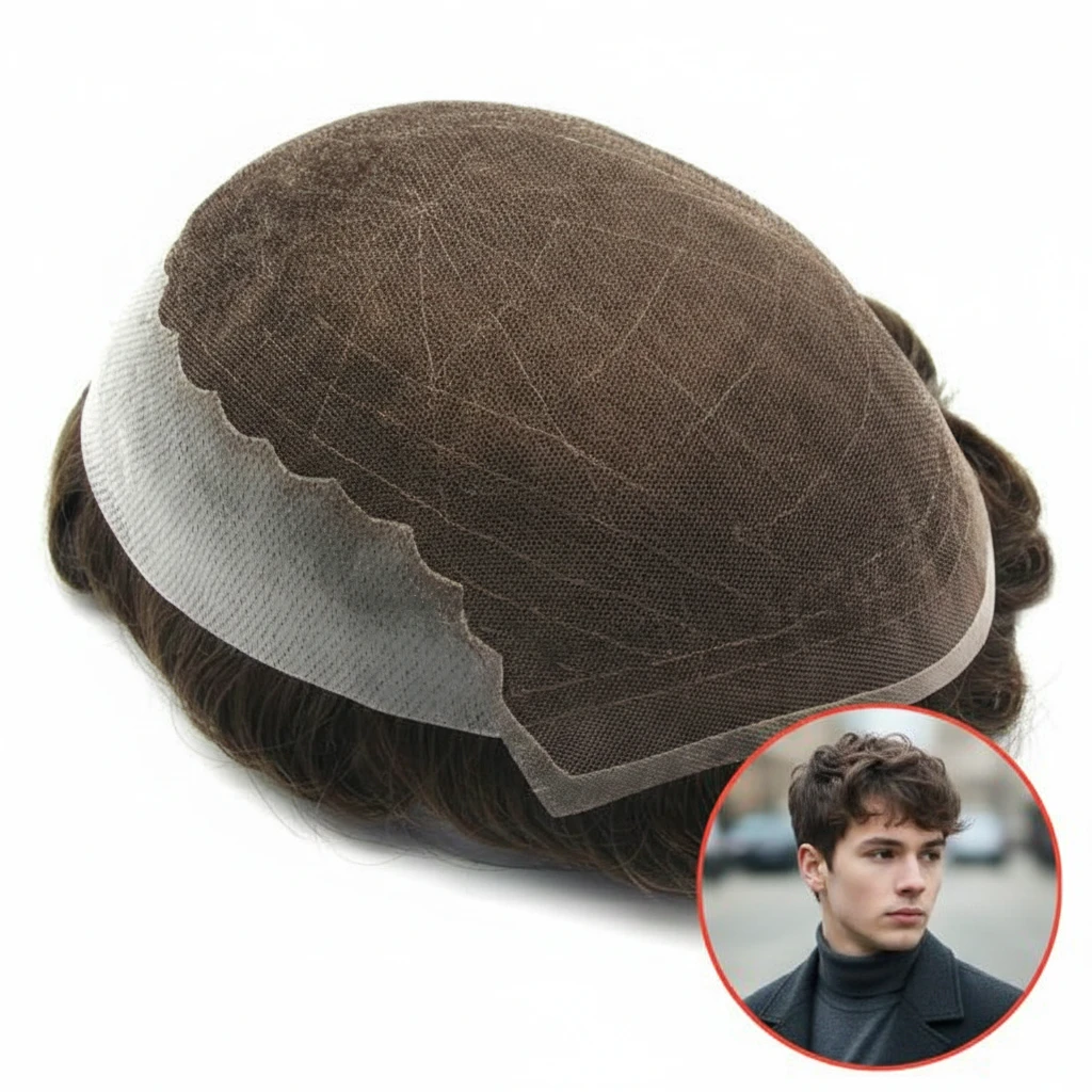 HHB French Lace Men's Hairpiece with PU Back and Sides Easy Wear Breathable Lace Men's Human Hair